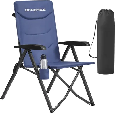 Silla de Camping SONGMICS para Adultos, Reclinable 95°-150°, Plegable, Ajustable Respaldo Alto con Portacopas y Correa para Hombros