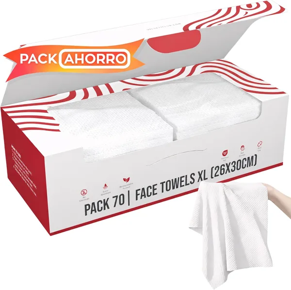 Pack of 70 Disposable Face Towels - 100% Natural Origin, Disposable Face Towels, Makeup Remover Wipes, Disposable Facial Wipes, Cleansing Towels, Anti-Acne, Face Towels XL 26 x 30
