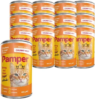 Pamper Adult Chicken & Liver Chunky Wet Cat Food 12x400g 33% Off