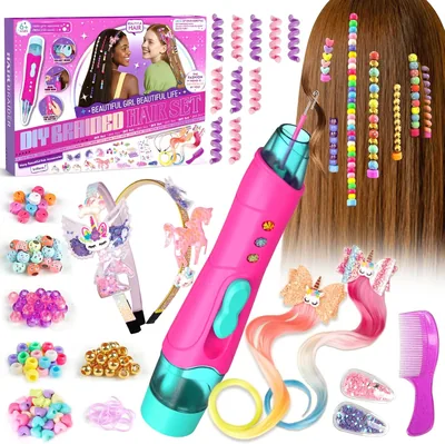 Set de accesorios para el cabello Girls 5-10 años con trenzador, perlas, herramienta de trenza, diadema unicornio y pinzas - T