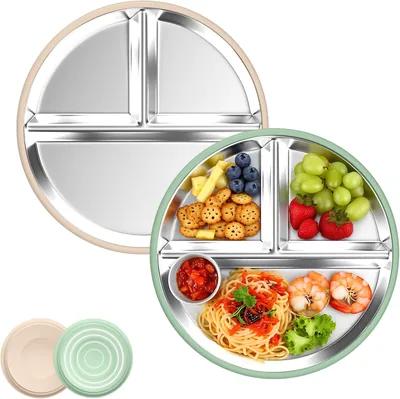 Stainless Steel Baby Plate Set with Suction Cup - 2 Pcs Silicone Kids Plates