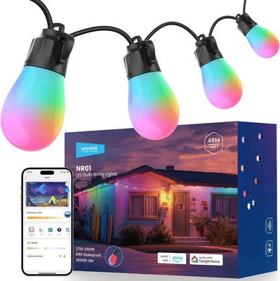 Lumière d'ambiance extérieure NEEWER NR01, 144ft RGB IC Dimmable IP65 Étanche pour Terrasse, Balcon ou Jardin, 45 LED
