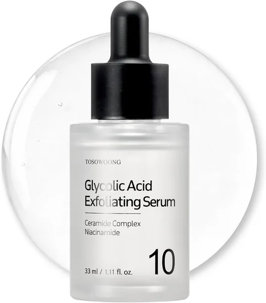 TOSOWOONG Glycolic Acid 10% Exfoliating Serum, AHA Skin Resurfacing Face Serum With Niacinamide, Vitamin E, Hyaluronic Acid F, 30ml