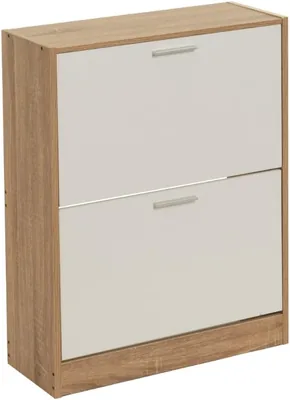 Estante de calzado laminado natural y blanco con 2 puertas, 60x24x80 cm | Manijas de metal Organiza tus 8 pares de zapatos bien