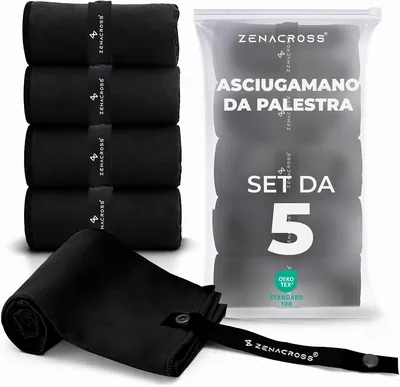 Zenacross - Asciugamano da Palestra in Microfibra - 40 x 77 cm (Set 5) - Nero | Asciugatura Rapida e Assorbente | Asciugamano Sportivo Leggero
