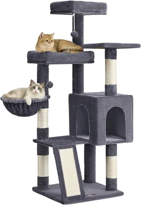Feandrea Torre Rascador para Gatos Grandes o Múltiples, Casa con Cueva, Hamaca y Rampa, Estable, Gris Oscuro, 48x48x136 cm, M (15% Off)