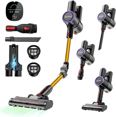 Zynet S9 Aspirapolvere Senza Fili, 45000Pa/500W/45 Min con Tubo Pieghevole e Supporto da Parete, Motore a Spazzola Lessiva