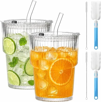 2 Pack 13oz Glass Tumblers with Lids & Straws