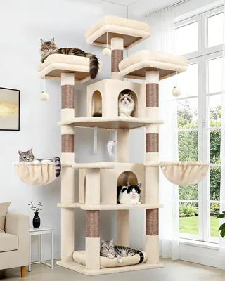 Globazer Beig skrapbär, stabil 174 cm med 3 padla sittplatser, 2 katthus, 2 kor, uttakbar petbett, sisal tru - Best Deal
