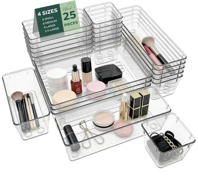 Set van 25 opbergdozen, 4 maten met antislip, stapelbare transparante organizer voor make-up, keuken, badkamer & kantoor - 15% Korting