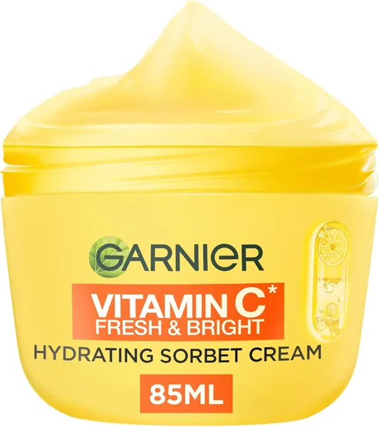 Garnier Vitamin C* Fresh & Bright Hydrating Sorbet Cream 4% Vitamin C & Niacinamide, Ultra Fresh & Light, For Dull Uneven Skin, Cruelty Free International & Vegan - 85ml