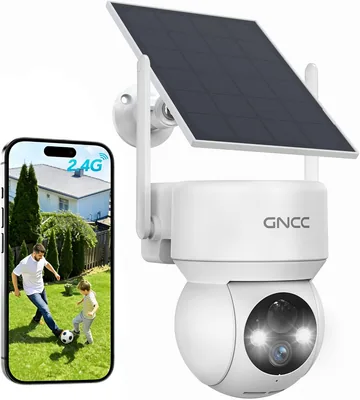 Cámaras de vigilancia solar GNCC al aire libre con WiFi y batería sin cables, 360° PTZ | Visión nocturna de color 1080p/2MP, IA humana