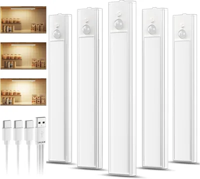 Daphomeu Pack von 5 wiederaufladbaren Unter-Einbaulampen LED, 20 cm | Dimmbares Nachtlicht mit Bewegungssensor, warmes Weiß