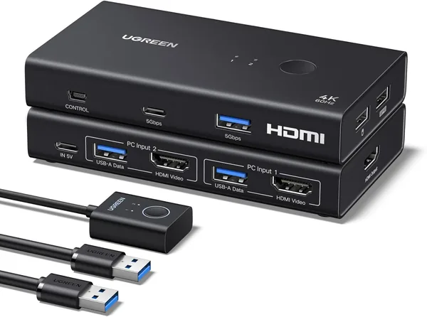 UREGAIN HDMI 2.0 KVM Switch 2 Inputs 1 Output 4K 60Hz KVM Switch for 2 pc with 4 USB 3.0 5Gbps Ports