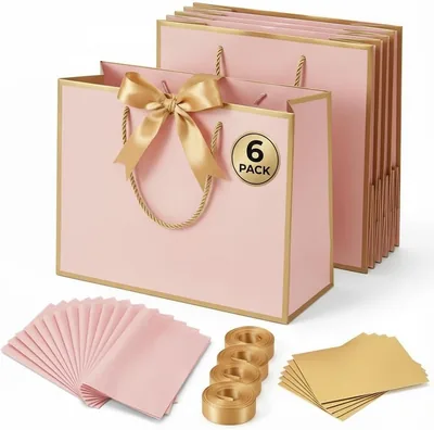 CIRCUIT GREEN 6-Pack Gift Bags - Pink with Gold Trim & Ribbons