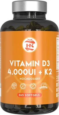 Vitamin D3 K2 (4000 IU) 365 Kapslar - Högdosat Vitamin D3 K2 Stödar Immuensystemet och Bone Funktionalitet