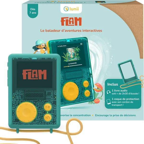 Lunii - Lecteur audio FLAM + Étui de protection vert officiel + 2h45 d'histoires à télécharger, Meilleure offre