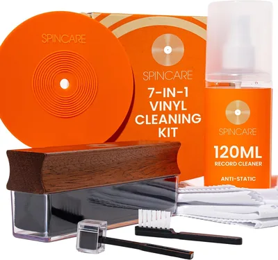 SpinCare 7-en-1 Kit de Nettoyage Vinyle | Nettoyeur de Disques Vinyle | Brosse Velveteuse avec Poignée en Bois | Solution 120ml | Brosse Stylus
