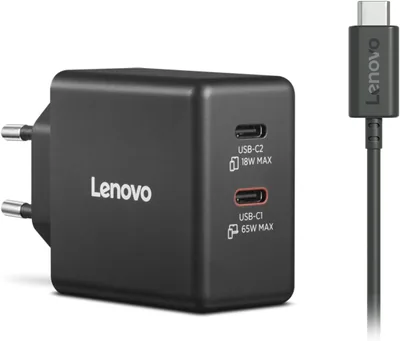 Caricabatterie Lenovo Dual USB-C 65W GaN - EU, caricatore da parete compatto con cavo Type-C doppio, cavo USB-C da 1,5 m incluso - Ideale per laptop e dispositivi USB-C