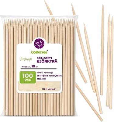 GoBeTree 100 Stänga Till Att Servera Cockta, 10 cm, Korta BBQ-Stikor för Snack | Polerade Tändsticks Långa i Birke 10cm