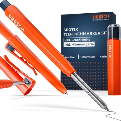 PRESCH SPOTIX Tieflochmarkierer mit 13 Graphitminen und Tiefenskala | Carpenter-Stift, ext. Schaft für schwer zugängliche Stellen