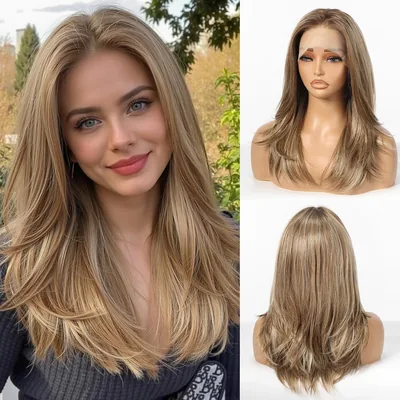 Peruka Allbell Brązowa z pasemkami blond, syntetyczna koronka, długie włosy 13x4