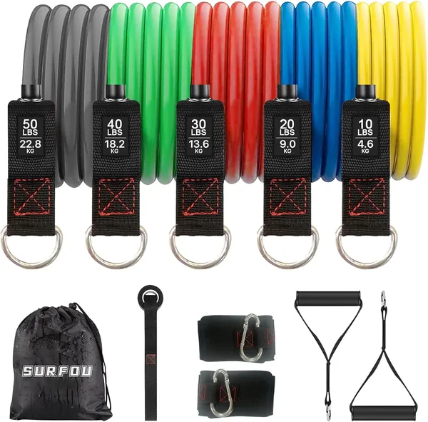 SURFOU 4 Levels Resistance Bands with Door Anchor, 2 Handles, Bag and Guide for Stretching, Yoga, Pilates and Strength Training
