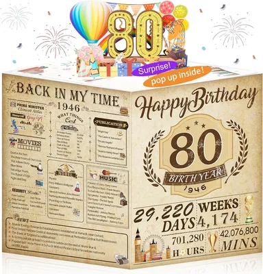 Vinta 80th Birthday Pop-Up Card with Envelope