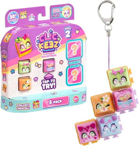 Clickeez 5-Pack Serie 2 - 5 Schattige Klikfiguurtjes met Veranderbare Toetsaanslag en Sleutelhanger - Sensorische Fidget Toy met ASMR Klikgeluid (33% Korting)