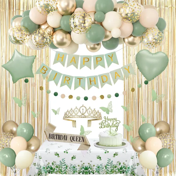 BlueCloudy Birthday Decoration Women Sage Green Nude Neutral Foil Balloons Tablecloth Sash Crown Fringe Curtains Happy Birthday Banner Garland Cake Decoration