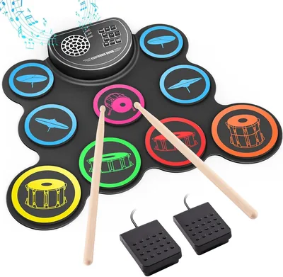 9 Pad Electronic Drum Set for Kids, Roll-up Practice Pad Machine with Headphone Jack, Built-in Speak