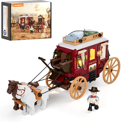 Lumibricks Western Stagecoach Lighting Building Set - 293-częściowy zestaw ekspozycyjny Western dyliżans i konie, idealny dla