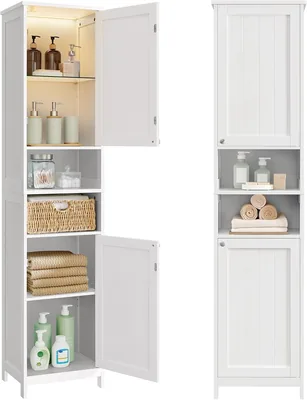 VASAGLE Armadietto da Bagno con Luce, Mobiletto Economico per il Bagno, con Ripiani Regolabili, 40 cm di Larghezza
