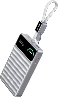 UGREEN Power Bank ATL 10000mAh 45W Carga Rápida con Cable Integrado, Plata | Pantalla Inteligente TFT, Dymondcell Tecnología