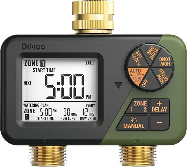 Diivoo Brass Watering Timer 2 Zone, IP66 Waterproof Programmable Water Timer 2 Outlet with Large Display, Rain Delay & Manual Watering