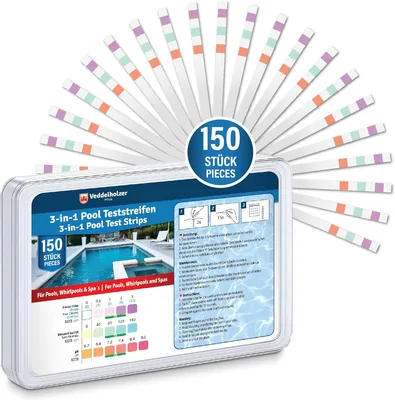 Veddelholzer 3-in-1 Poolteststreifen (Packung mit 150) - Wasserprüfgerät für Pools zur Messung von pH, Freichlor und Alkalinität