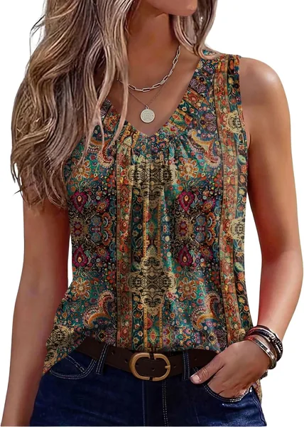 Zeagoo Womens Tank Tops Summer Sleeveless Loose Fit Tops V Neck Pleated Shirts Basic Tees