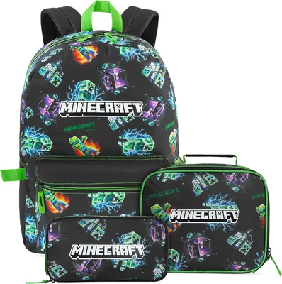 Sac à dos Trend Minecraft 3 ou 5 pièces pour garçons avec sac isotherme, étui à crayons, sac de voyage, vacances et autres