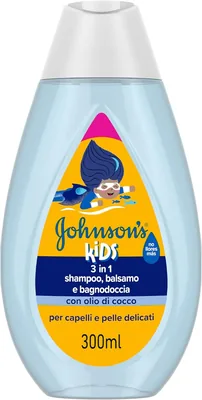 Shampoo e balsamo Johnson's per bambini 3-in-1, 300 ml - Detergente delicato con olio di cocco e formula senza lacrime