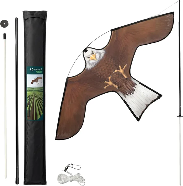 VOUNOT Spaventapasseri Uccelli con Aquilone Falco Realistico, Dissuasore Uccelli da Esterno con Asta Telescopica 4 m, per Giardino, Orto e Fattoria, Modello B