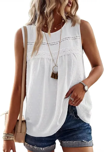 Falechay Womens Summer Tops Boho Shirts Crewneck Sleeveless Tank Tops Flowy Lace Hem Casual Blouses Clothing Trendy 2026