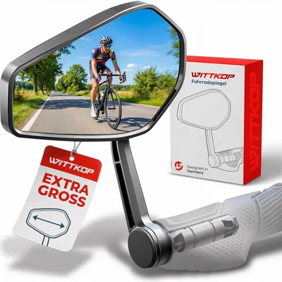 WITTKOP Fahrradspiegel, Großes HD-Sehfeld, 360° Drehbar und Klappbar, Obere und Untere Befestigung, Schlagfest & Robust, Co