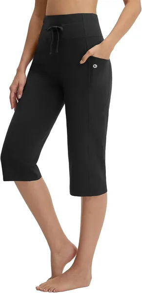 Baleaf Damskie Spodnie do Jogi, Bawełna, Wysoki Stan, Spodnie Capri z Kieszeniami, 46 cm, Proste