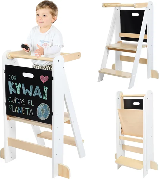 Torre de Aprendizaje KYWAI® Plegable Premium, Altura Ajustable, Diseño Nórdico con Tablero Magnético Desmontable