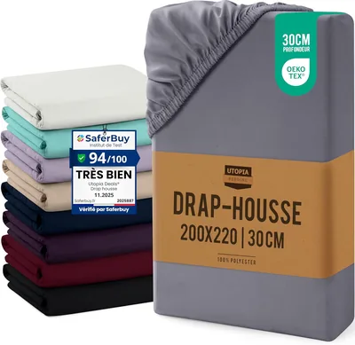 Utopia Bedding Faites la feuille, Gris, 200 x 220 cm, Coupes de 30 cm pour Matelas Épais, Certifié Oeko-Tex, Microfibre Brushé Poly