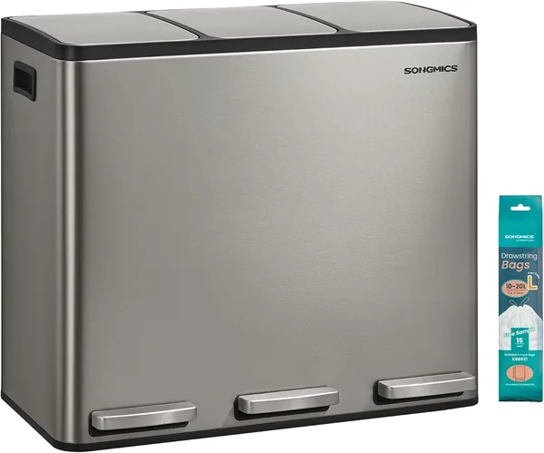 SONGMICS Kitchen Waste Bin, 3 x 18 L, with 3 Compartments