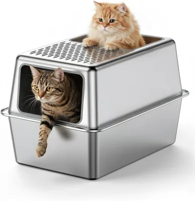 Ståendig inbyggd kattebox av stainless stål med luk, XXL, hög rand, hopp-in för alla katter, non-stick, utan larm