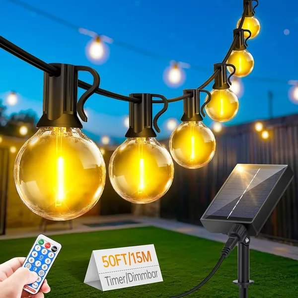 FGRYB Solar Fairy Lights Outdoor Waterproof 15 m - LED Solar Fairy Lights Outdoor 20 + 1 G40 Bulbs Dimmable with Remote Control 8 Modes