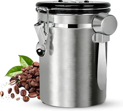 BUCOMTU 1.8L Stainless Steel Airtight Coffee Container med Mätladd, Luftsiktbar Lagringskontainer för Kaffebönor, Gra