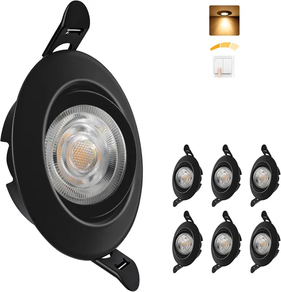 Aulaiyi LED Recessed Spotlight 230 V 3 Level Dimmable 68 mm 5.5 W IP44 LED Spotlights Ultra Flat Ceiling Spotlights 45 Swivelling Recessed Lights 2700 K Warm White Spotlights Ceil
